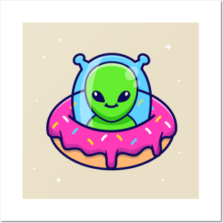 Cute Alien Riding Doughnut Ufo Cartoon Posters and Art